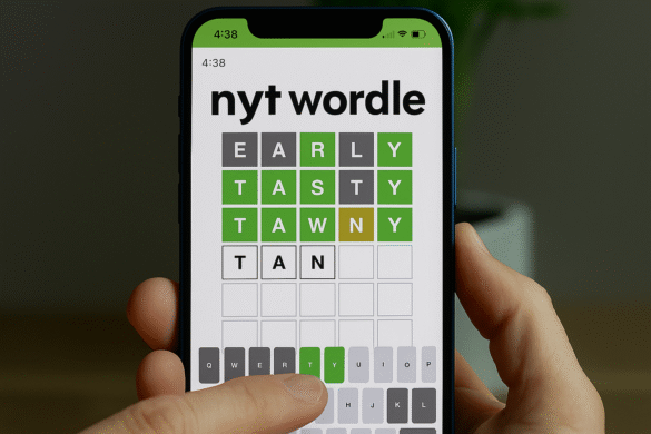alt="Person playing NYT Wordle on smartphone with guesses in progress