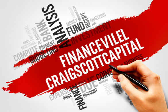 Alt: Financeville Craigscottcapital concept in red with finance keywords and a hand holding a pen